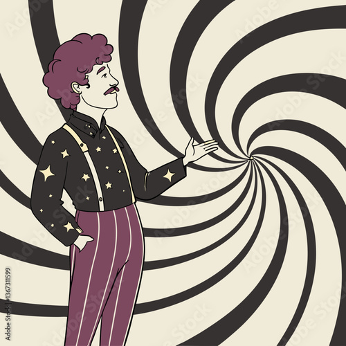 Whimsical presenter against hypnotizing backdrop a stage presence illustration
