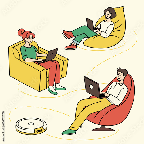 Remote workers embracing relaxed setups, productivity, and modern technology
