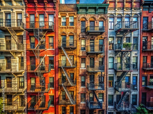 Aerial View of New York City Fire Escapes on Old Brick Buildings