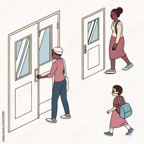 Isometric Illustration Depicting People Entering and Exiting Doors in a Minimalist Design