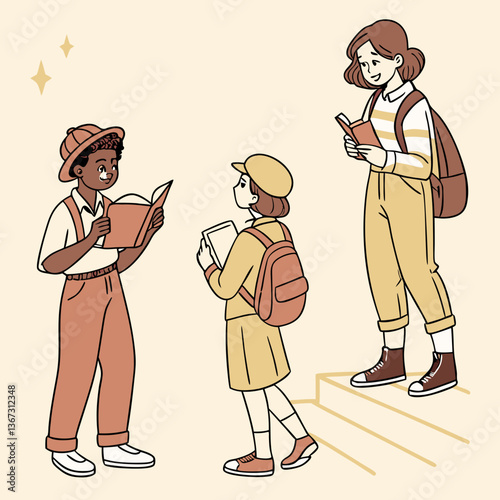 Children reading with enthusiasm in an academic setting with soft vintage tones