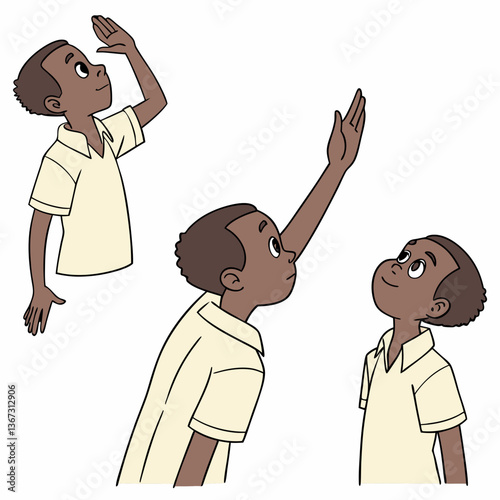 Animated character gestures, observing or reaching upwards in various directions