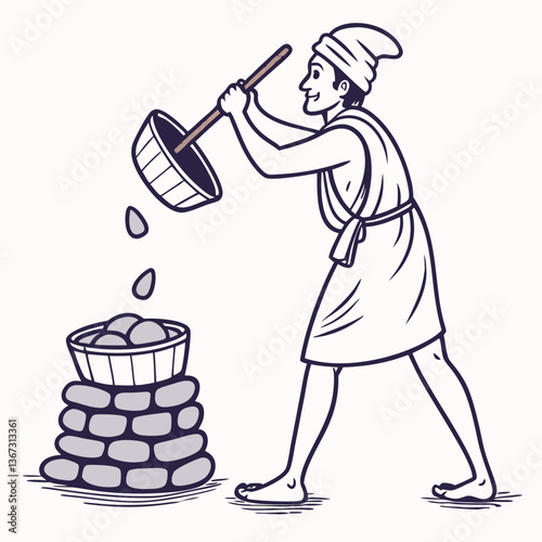 Stylized illustration depicting a person using a ladle in a sauna setting