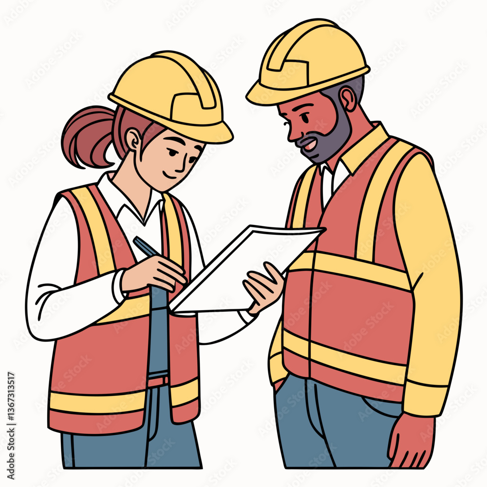Illustrative portrayal of construction workers reviewing project details on-site