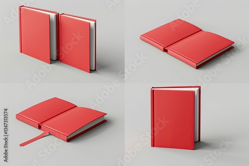 Clear Pixel Image of 3D Render Book with Red Cover Different Angles