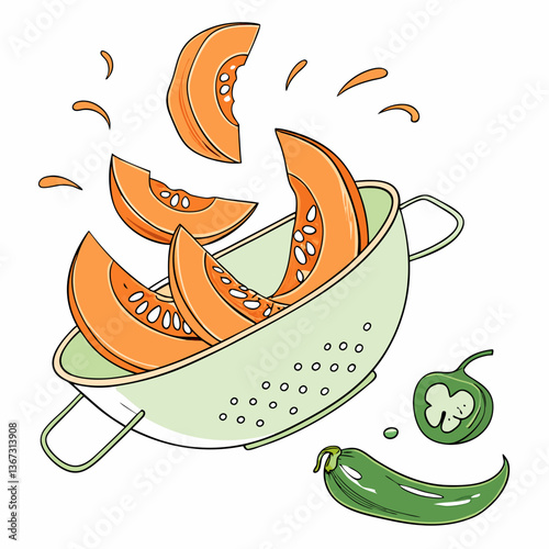 Illustration of a Colander Containing Sliced Cantaloupe and Green Chili Peppers