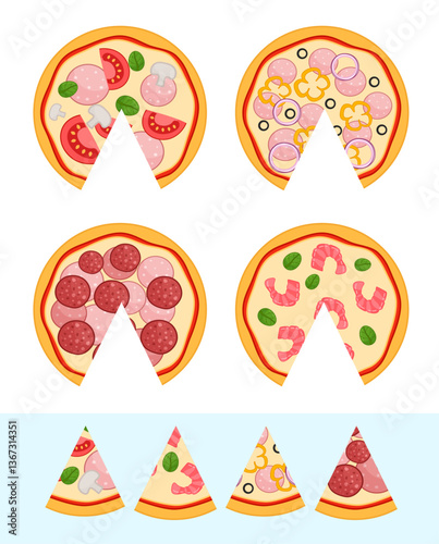 Vector material for teaching children. Pick up a slice from each pizza. Cartoon pizza image.
