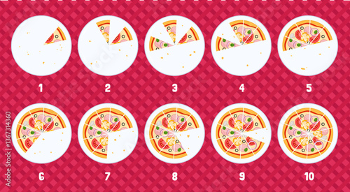 Vector cartoon illustration of pizza slices. Educational material for children. Studying the account.
