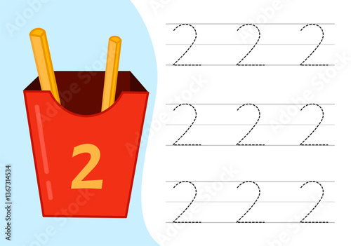 Kids learning material. Worksheet for learning numbers. Number 2.