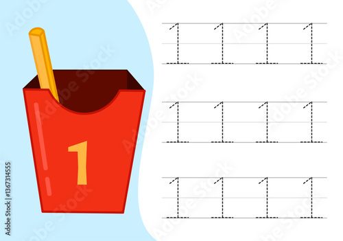 Kids learning material. Worksheet for learning numbers. Number 1.