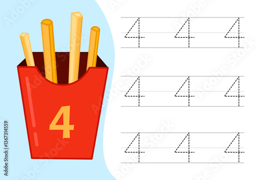 Kids learning material. Worksheet for learning numbers. Number 4.