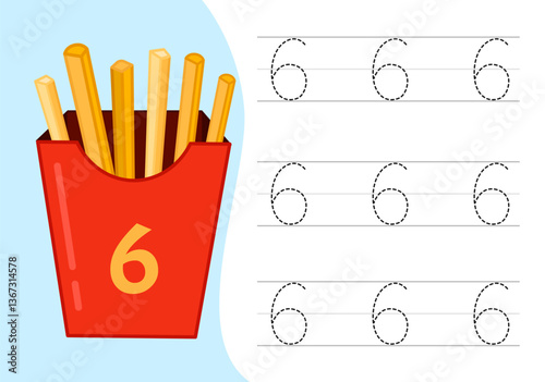 Kids learning material. Worksheet for learning numbers. Number 6.