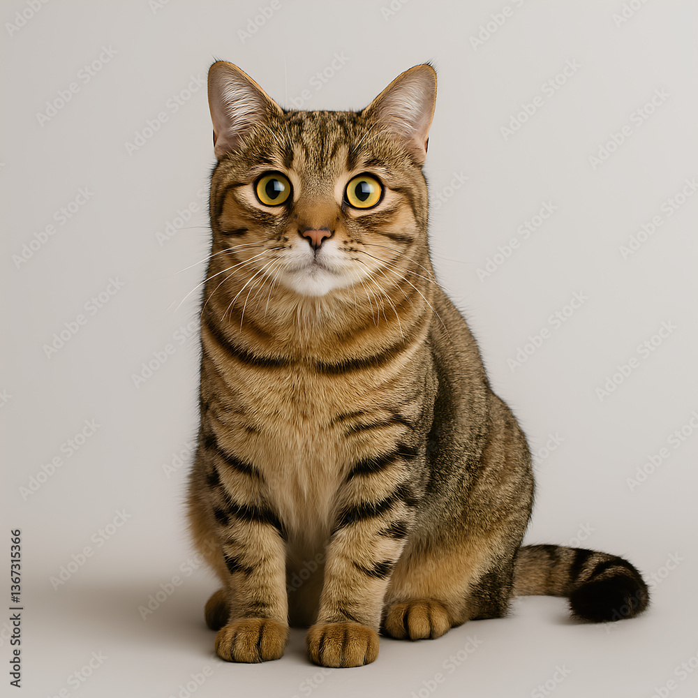 Curious Gaze: A domestic cat with striking stripes and expressive eyes sits poised, exuding an air of curiosity and charm, a captivating portrait. Curious Gaze: A domestic cat with striking stripes and expressive eyes sits poised, exuding an air of curiosity and charm, a captivating portrait.