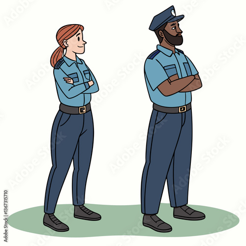 Diverse police officers standing attentively with folded arms in uniform style