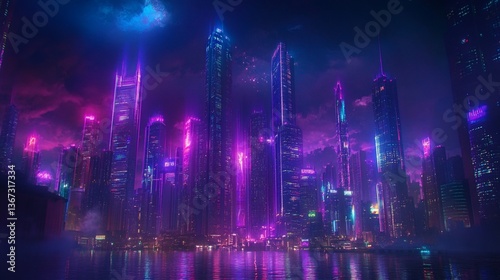 Neon Cityscape Night Skyline, Futuristic Urban Background, Game Design