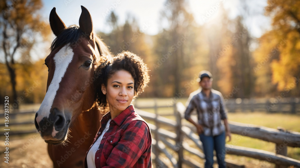 Obraz premium Woman standing next to horse at the horse stud in countryside. Equestarian and horseback riding hobby. Woman horse rider 