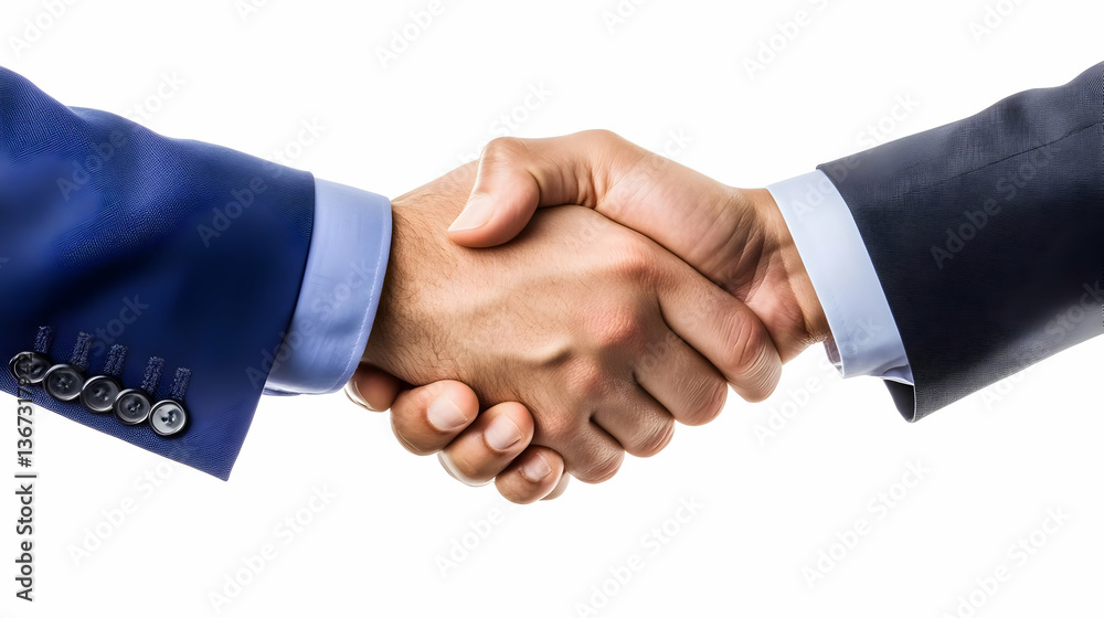 Obraz premium Photo of Handshake between Two Men in Blue Suit on White Background