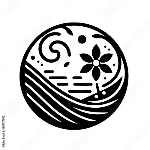 Black and White Floral Crest:  Serene Nature Composition in a Circle