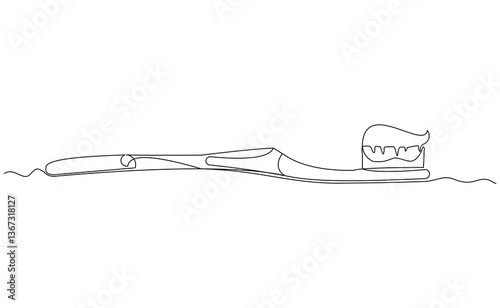 Continuous single line of toothbrush and tooth paste dental care tool equipment mouth cleaning sketch drawing editable stroke vector illustration