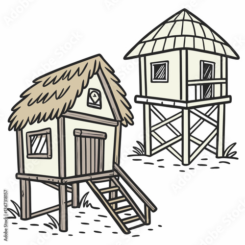 Stylized stilt houses illustration showcasing tropical or coastal architecture