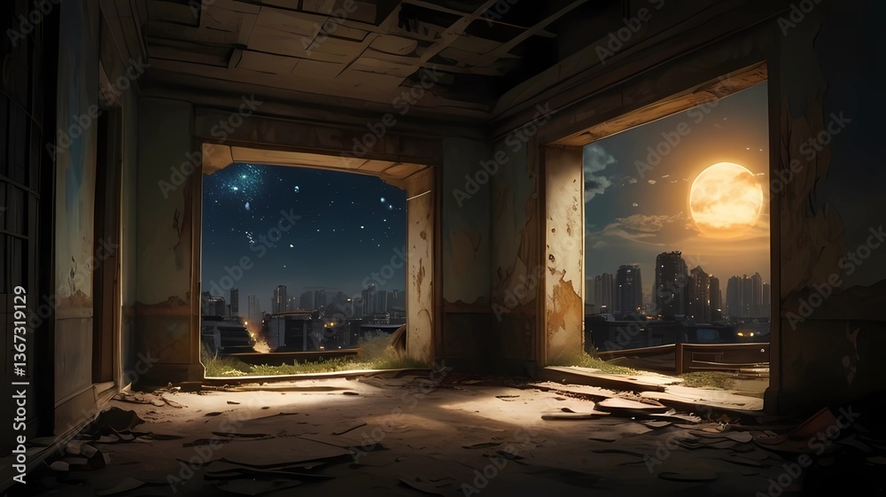 Fototapeta premium ゲーム背景 夜明け前のスラム街廃墟の裏通りビルの崩壊した室内部屋屋内風景