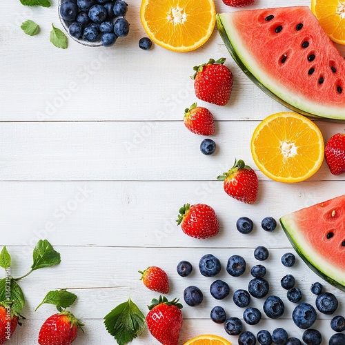 Fototapeta Naklejka Na Ścianę i Meble -  Refreshing fruits arranged on the table, top view