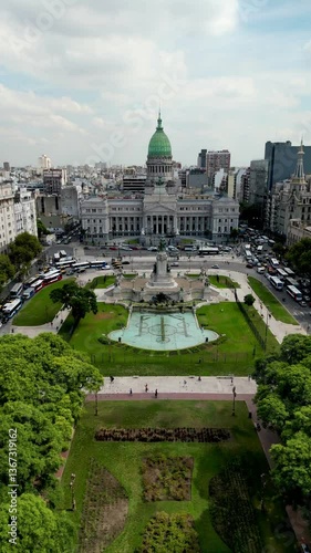 Drone Flight Over Plaza del Congreso and National Congress Building in Buenos Aires, Argentina