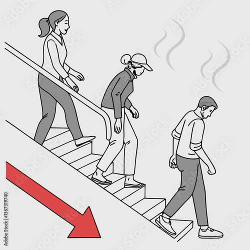Illustrative decline: three figures descending stairs amidst symbolic downturn indicator