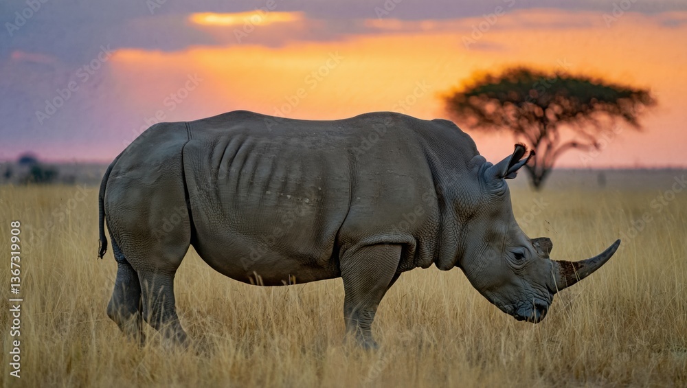 Fototapeta premium Majestic rhinoceros walking in african savanna at sunset
