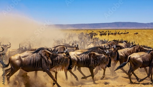 Wildlife migration: wildebeest herd charging across dusty grasslands in africa