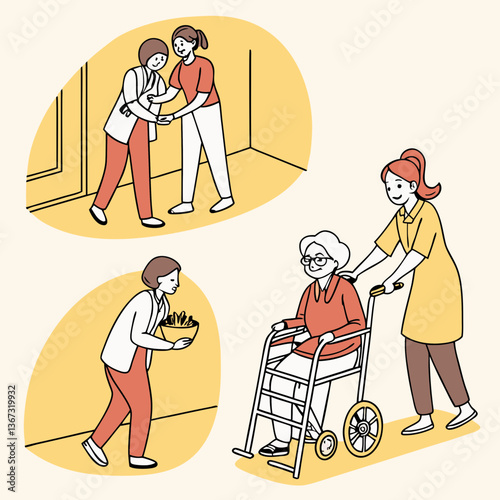 Illustrative representation of caregiver assistance for senior wellness and mobility