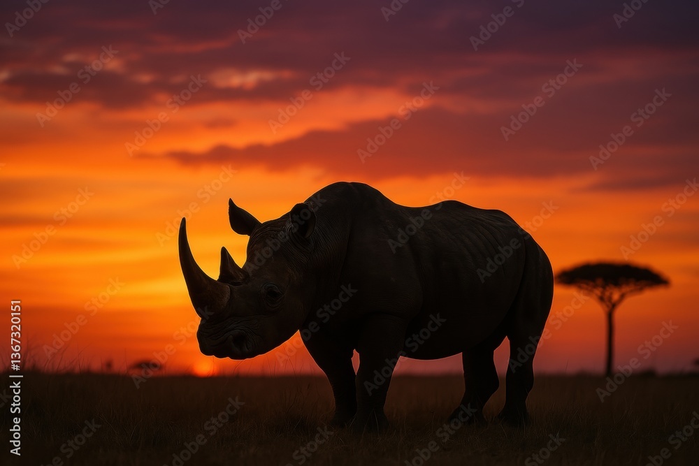 Fototapeta premium Majestic rhinoceros silhouette against vibrant african sunset horizon
