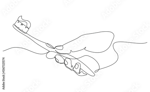 Continuous single line of hand holding toothbrush and tooth paste dental care tool equipment mouth cleaning sketch drawing editable stroke vector illustration