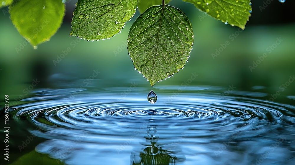 Serene water droplets creating concentric ripples in calm lake surface, soft green leaves and light blue background symbolizing purity, meditation, nature's harmony, yoga inspiration. Serene water droplets creating concentric ripples in calm lake surface, soft green leaves and light blue background symbolizing purity, meditation, nature's harmony, yoga inspiration.