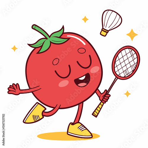 Whimsical tomato character enjoys a spirited badminton game with joyful expression