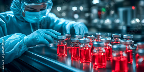 Photo of Lab Worker Handling Red Liquid Vials in Sterile Environment