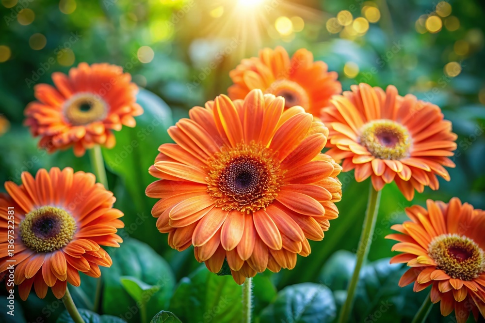 Aerial View of Vibrant Orange Gerbera Daisies in a Lush Garden - Drone Photography
