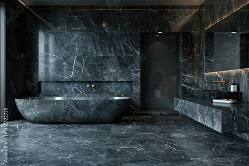 Flawless Picture of Dark Gray Marble Bathroom Interior with Tub and Sink