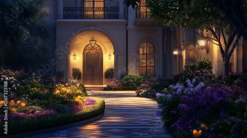 Night view, grand house entrance, garden path, flowers, luxury estate