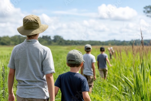 Family Explores Wetland Together, Children on Nature Walk Discovering Wildlife in Summer