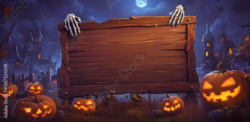 A wooden sign with an empty space for text, surrounded by Halloween decorations such as pumpkins and skeleton hands holding the board, set against a spooky graveyard background under moonlight.
