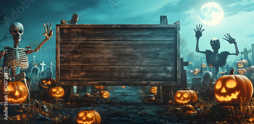 A wooden sign with an empty space for text, surrounded by Halloween decorations such as pumpkins and skeleton hands holding the board, set against a spooky graveyard background under moonlight.