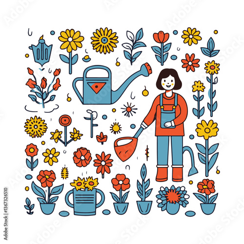 Gardener with Shovel and Watering Can Among