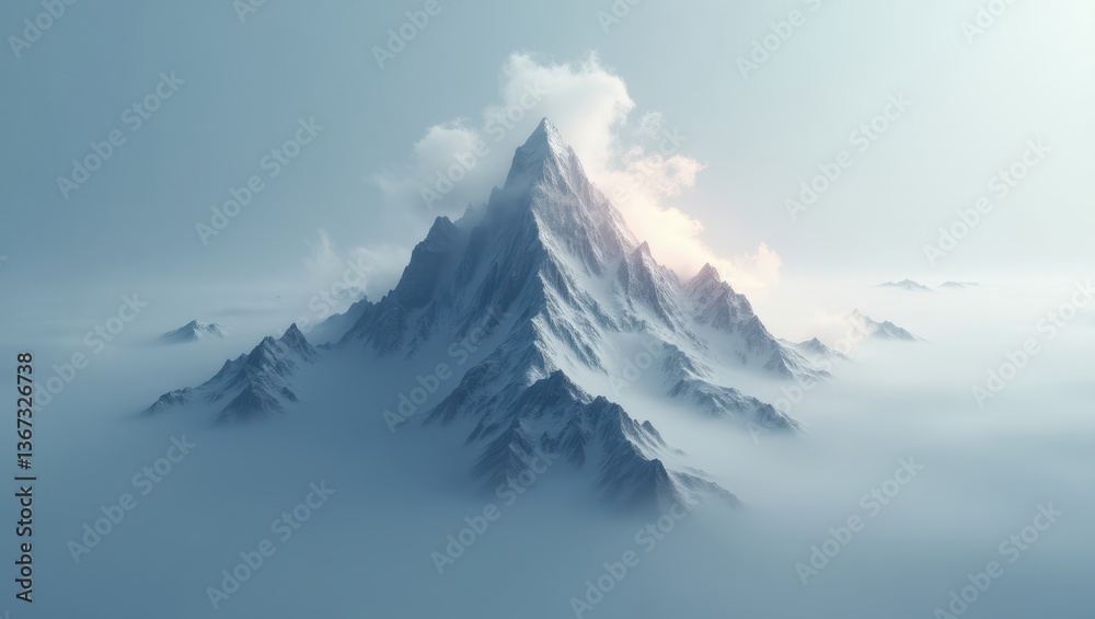 Majestic Snow Capped Mountain Peak Emerging from Clouds at Sunrise Majestic Snow Capped Mountain Peak Emerging from Clouds at Sunrise