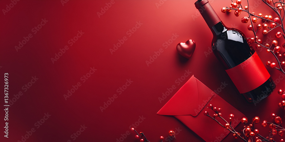 Romantic Wine and Gift Arrangement on Red Background