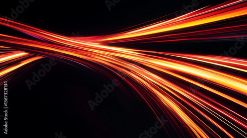 Neon Red and Yellow Light Streaks in Motion with Smooth Glowing Trails on Black Background