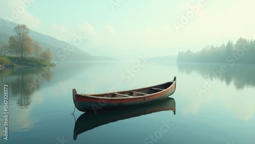 Serene Wooden Rowboat on Calm Misty Lake at Dawn Peaceful Nature Scene