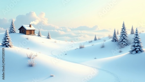 Serene Winter Cabin Landscape Snow Covered Hills Trees and Footprints