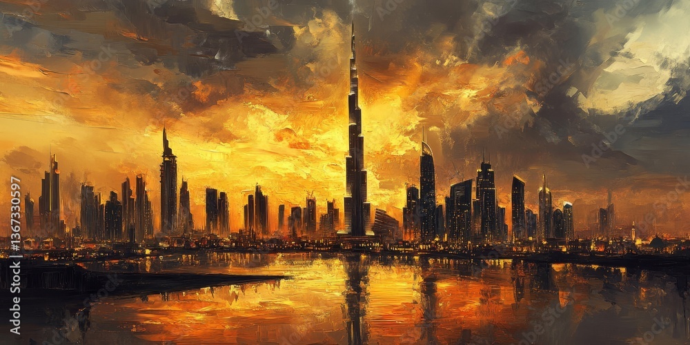 Fototapeta premium A stunning cityscape at sunset with skyscrapers reflecting on water, under a dramatic sky filled with orange clouds.