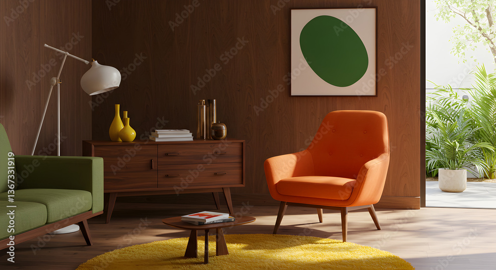 Retro-Inspired Living Room with Warm Colors and Graphics Retro-Inspired Living Room with Warm Colors and Graphics